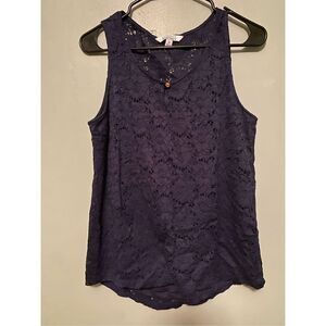 Ellen Tracy Co Women’s Tank Top Blouse Navy Lace Sleeveless Gold Button M